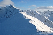 Tatry, zima, widok z Kasprowego Wierchu, Swinica, Beskid i Sucha Przelecz. Turystyka, narty i narciarze.